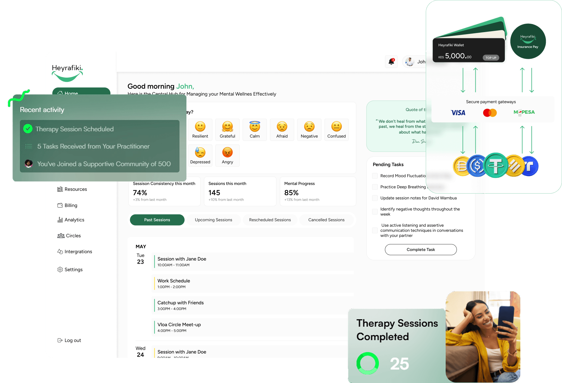 The Heyrafiki dashboard with Sessions, Tasks, Payments and a member using Heyrafiki on her phone