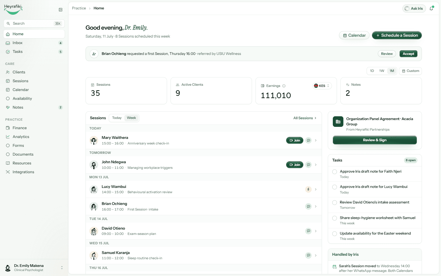 The Heyrafiki Practice dashboard coordinating Sessions, Payments and Practice work